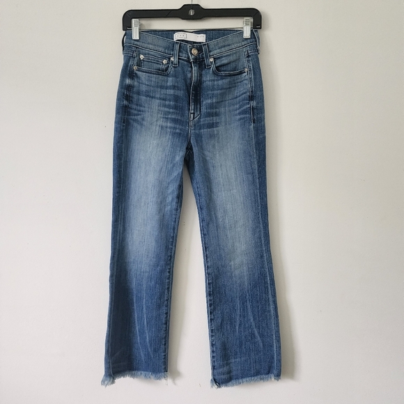 AYR The Bomb Pop High-Rise Cropped Flare Jeans Raw Hem Denim Size 27 - Picture 4 of 16